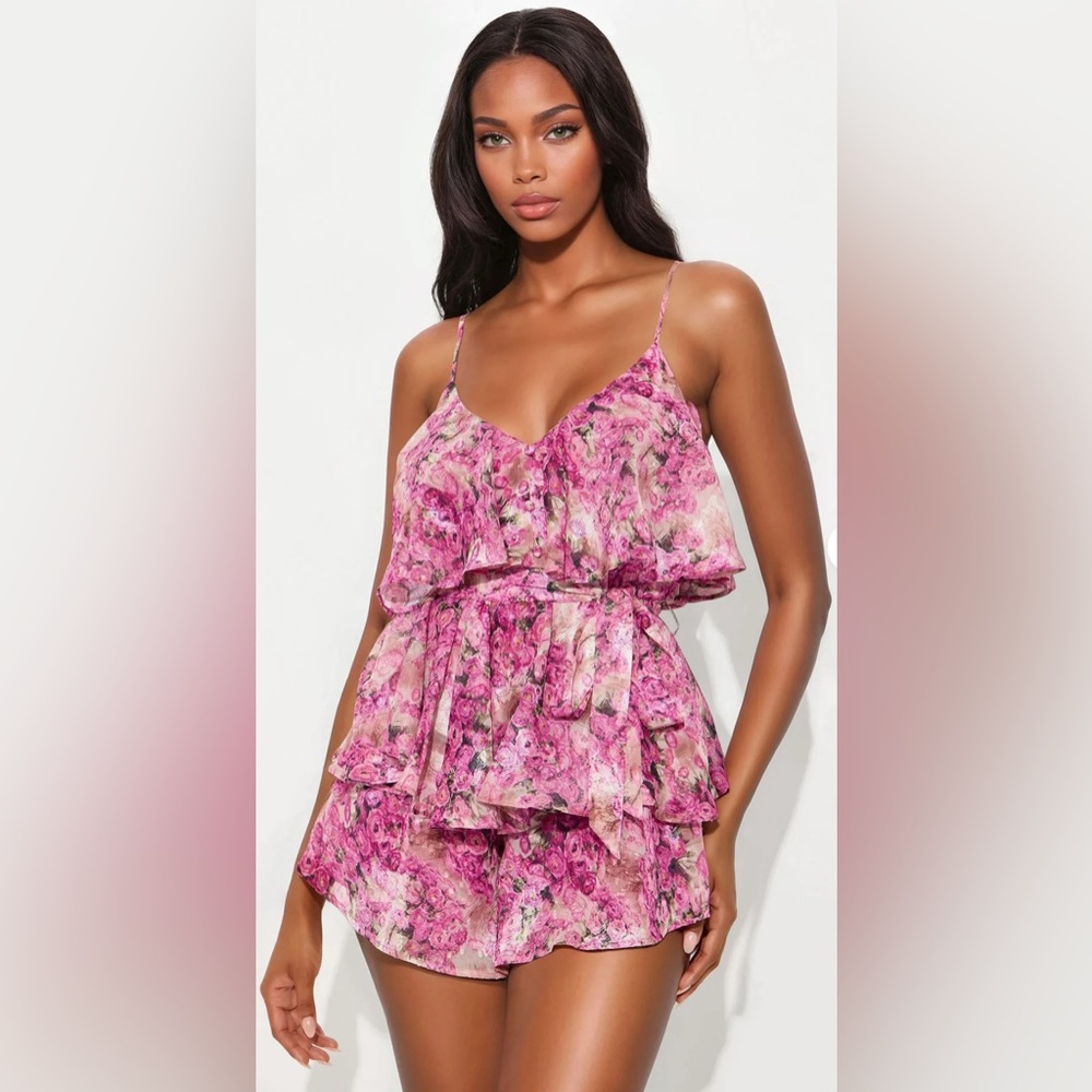 Fashion Nova Pink Floral Layered Dress/Romper